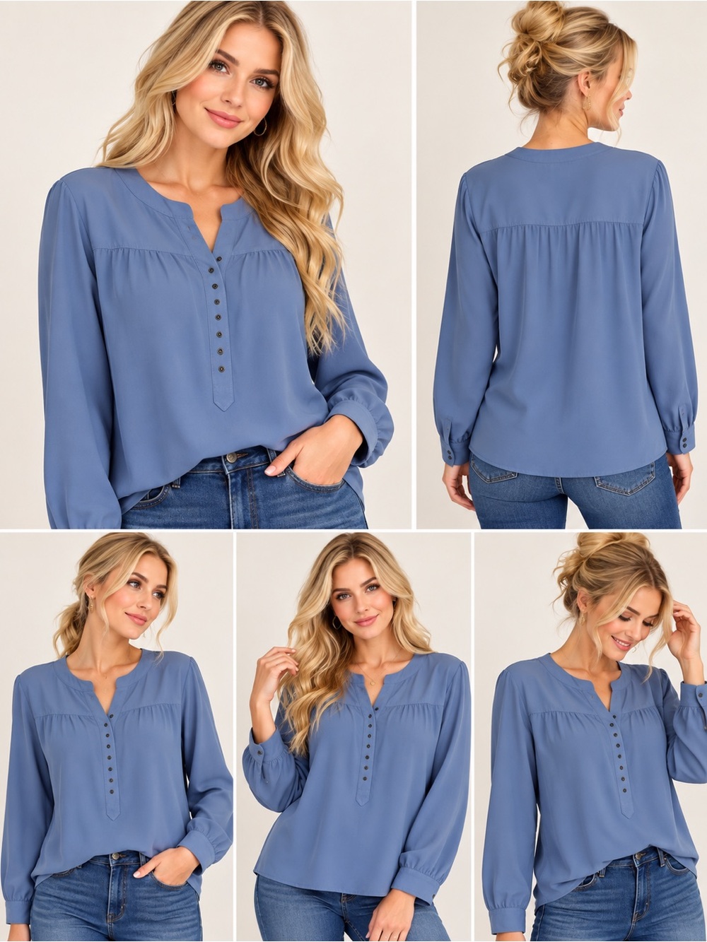 Chico's Blue Long-Sleeve Henley Blouse